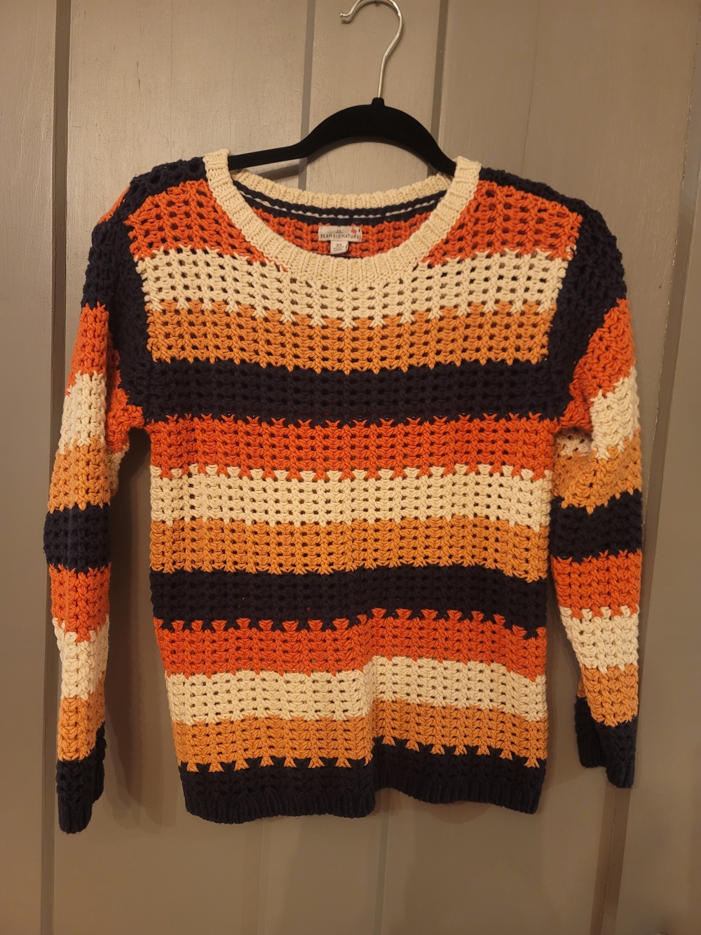 LL Bean Striped Crochet Crewneck Sweater - Orange, Navy & Cream